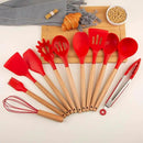 Silicone Cooking Utensils Set, Premium Beech Wood Handle Kitchen Gadgets Utensil Set, Non-Stick Kitchen Utensils Spatula, Tongs, Turner, Whisk, Brush, Spoon, BPA FREE, 446°F Resistant (Red) by CozyNest Decor