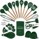 Country Kitchen Non Stick Silicone Utensil Set with Rounded Wood Handles for Cooking and Baking, 38 Piece Set, Green by CozyNest Decor