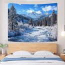 AMM Winter Forest Snow Mountain Tapestry Snowy Pine Tree Woodland Tapestry for Bedroom Aesthetic White Clouds Flowing River Landscape Tapestries Wall Hanging for Living Room Dorm Office 60 x 44 Inch by CozyNest Decor