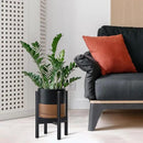 D'vine Dev Ceramic Planter with Ebony Stand - 8 Inch Modern Round Flower Pot with Wood Planter Holder, Black/Speckled Tan, 55-B-M-7 by CozyNest Decor