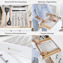Premium Silverware, Flatware and Utensil Organizer for Kitchen Drawers, Food-Safe Contract Grade, Expandable from 10.5 to 19 In, White Bamboo by CozyNest Decor