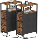 TUTOTAK Narrow Night Stand with Charging Station, Slim End Table with Plugins, Tall Side Table with 3 Fabric Drawer, Small Bedside Table with Storage, Set of 2, Living Room, Bedroom, Brown TB01BB073 by CozyNest Decor