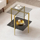Glass End Table, Mid-Century Modern Design Sofa Table, for Living Room, L18 x W18 x H23 in, Clear Glass Top and Walnut MDF Shelf, Sleek Conical Metal Legs with Gold Finish Frame by CozyNest Decor