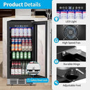 15 Inch Beverage Refrigerator Under Counter - 126 Cans Beverage Fridge with Glass Door for Beer Wine Soda - Built-in or Freestanding Wine Cooler with Safety Lock for Home Kitchen Bar by CozyNest Decor