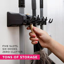 Combo 5 Slot Broom Holder w/ 1 Self Adhesive Mop Gripper No-Drilling, Wall Mount Tool Organizers For Kitchen, Garage, Laundry Room- Anti-Slip Hanger For Brooms, Mops, Rakes, Dustpans (Black / Black) by CozyNest Decor
