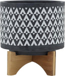 Sagebook Home 9" H 8" Diameter Dark Gray and Ivory Aztec Design Ceramic Planter with Solid Rubberwood Stand for Living Room, Bedroom, or Office by GreenHaven Gardens
