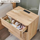 JXQTLINGMU 22" Modern Nightstand with Charging Station, Large Push-to-Open End Table, Wood Bedside Table w/Curved Profile Design, Handleless 3 Drawer Night Stand for Bedroom, Living Room, Natural Oak by CozyNest Decor