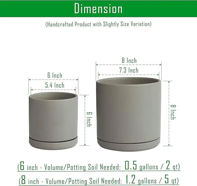 D'vine Dev 6 Inch & 8 Inch Ceramic Planter Pots for Plants with Drainage Hole and Saucer, Medium Plant Pots Set, Grey, 94-G-M-3, photo 3 of 7