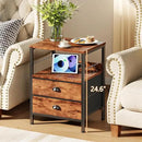 Furologee Night Stand with Charging Station, Bedside Table with Fabric Drawers, End Table with USB Ports & Outlets, Rustic Nightstand with Storage Shelf & Hooks, for Living Room/Bedroom, Rustic Brown by CozyNest Decor