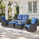 Outdoor Wicker Patio Furniture Set - 6 Piece Rattan Patio Conversation Set with 2 Rocking Swivel Chairs,2 Ottomans,1 Loveseat and 1 Side Table for Porch Deck Backyard Garden(Brown/Blue) by GreenHaven Gardens