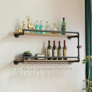 41 Inch Wine Rack Wall Mounted 2 Tier, Hanging Floating Bar Liquor Shelves with Glass Holder Storage Under, Industrial Rustic Pipe Farmhouse Kitchen Decor Black by CozyNest Decor