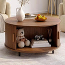 Round Coffee Table with Storage, 31.5" Modern Coffee Table with 360° Curved Sliding Door, Fluted Wood Accent Coffee Table with Adjustable Footpads, Round Center Table for Living Room, Walnut by CozyNest Decor