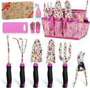 Gardening Tools Set, 10 PCS Stainless Steel Heavy-Duty with Non-slip Soft Rubber Handle with Large Garden Bag, Floral Pattern Gardening Tool Set Gifts for Women Birthday Mother's Day, Pink by GreenHaven Gardens