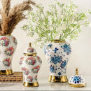 Ginger Jars for Home Decor, White and Gold Vase, Porcelain Ginger Jar Chinoiserie Blue and White Vase with Gold Trim and Floral Pattern, Ceramic Flower Vase for Home, Temple and Storage Jars(12in) by CozyNest Decor