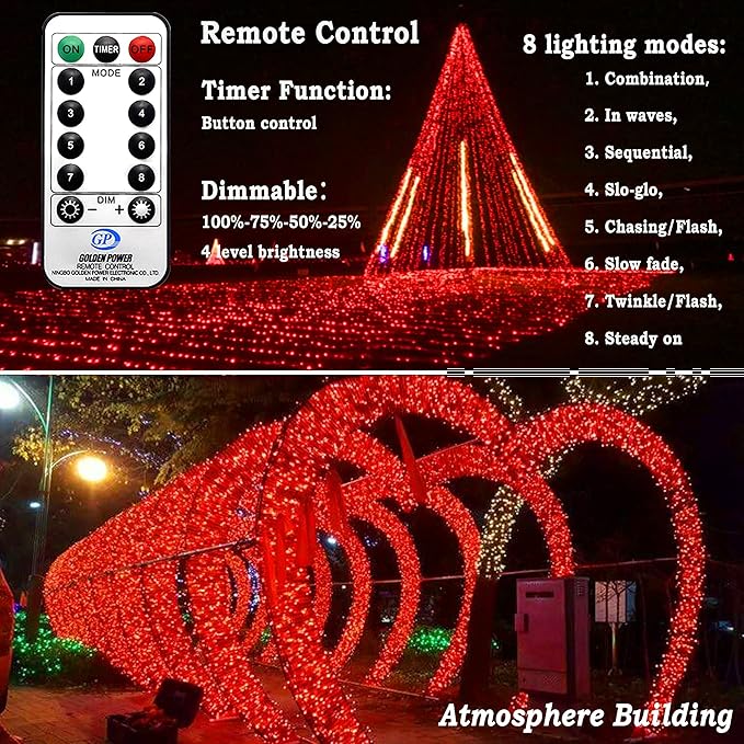 KNONEW 403ft 1000 LED String Lights Outdoor Christmas Lights 8 Modes & Timer Fairy Light Plug in Waterproof LED String Lights for Xmas Yard Tree Wedding Party Holiday Decorations (Red), photo 2 of 9