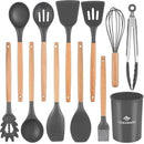 Silicone Cooking Utensils Set, Premium Beech Wood Handle Kitchen Gadgets Utensil Set, Non-Stick Kitchen Utensils Spatula, Tongs, Turner, Whisk, Brush, Spoon, BPA FREE, 446°F Resistant (Dark Gray) by CozyNest Decor