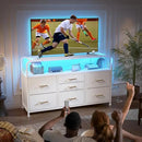 TV Stand for Bedroom with LED Lights & Charging Station, 7 Drawer with Open Shelf, Media Console for Living Room & Chest of Drawers for Closet, Entryway, Hallway, 4 Hooks, White by CozyNest Decor