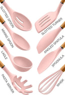 Country Kitchen Non Stick Silicone Utensil Set with Rounded Wood Handles for Cooking and Baking, 8 Piece Set, Pink by CozyNest Decor