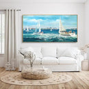 XLSJERST Large Blue Canvas Wall Art Seascape Painting - Landscape Picture Textured Navy Modern Sailboat Ocean Artwork Framed for Living Room Bedroom Bathroom Home Office Wall Decor Large Size 24"x48" by CozyNest Decor