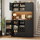 FINETONES 71" Pantry Cabinet with LED Light and Charging Station, Kitchen Pantry Cabinet with Microwave Stand, Kitchen Hutch Food Storage Cabinet with Outlet and Wine Racks, Black by CozyNest Decor