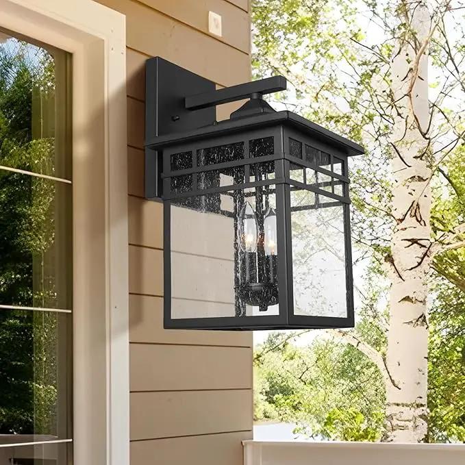 Outdoor Light Fixture Wall Mount, Black Exterior Light Fixture Wall Sconces with Seeded Glass for Front Porch, Large Waterproof Outdoor Square Wall Lantern Outside for House Doorway, photo 5 of 6