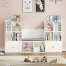 Kids Bookshelf with Reading Nook, Kids Bookcase with Soft Cushion Seat, 2 Wheels Drawers and 8 Storage Cubbies, Toy Storage Organizer for Kid's Room Playroom, Bedroom, School, White by CozyNest Decor