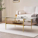 X-Large Rectangle Glass Coffee Table, Mid-Century Modern Design, for Living Room, L47 x W24 x H17 Inch, Clear Glass Top and Walnut MDF Shelf, Sleek Conical Legs with Gold Finish Frame by CozyNest Decor