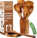 SPATUAMZ Wooden Spoons for Cooking, Teak Wood Kitchen Utensil Set for Nonstick Cookware, Durable Cooking Spatulas Set of 9 with Holder and Spoon Rest by CozyNest Decor