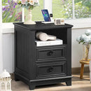 18" Farmhouse Night Stand with Charging Station, 2 Drawers End Table Dresser for Bedroom, Black Wooden Nightstand, Bed Side Table with Open Shelf, Bedside Cabinet for Living Room, Closet by CozyNest Decor