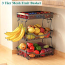 Giwil 3 Tier Countertop Fruit Mesh Basket for Kitchen, Vegetable Storage Bread Fruit Bowl Stand with 2 Banana Hooks, Wall Mounted Metal Wire Basket Organizer for Potato Onion, Black by CozyNest Decor