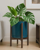 D'vine Dev Ceramic Planter with Walnut Color Stand - 12 Inch Modern Round Flower Pot with Wood Planter Holder, Teal, 55-B-W-4 by CozyNest Decor
