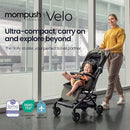 Mompush Velo Lightweight Travel Stroller – One-Hand Fold, Ultra-Compact & Airplane Friendly, Lie-Flat Recline Seat (from Birth to 50 lbs), Includes Cup Holder, Shoulder Strap, and Leather Bumper Bar by TinyTreasures Baby Boutique