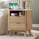 T4TREAM Fluted Nightstand Set of 2 with Charging Station, 18" Modern Side Table with Faux Marble Top, 2 Drawer End Table w/Storage, BedsideTable for Bedroom, Living Room, Curved Profile, Natural Oak by CozyNest Decor