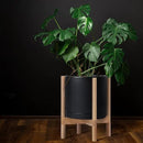 D'vine Dev Ceramic Planter with Natural Stand - 12 Inch Modern Round Flower Pot with Wood Planter Holder, Black, 55-B-J-2 by CozyNest Decor