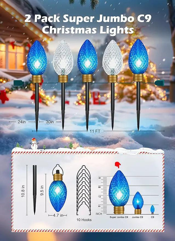 Moonflor Strawberry Super Jumbo Christmas Lights Outdoor - 2Pack Total 22FT 10 LED C9 Christmas Pathway String Lights,Christmas Lights Outdoor Decorations for Lawn Holiday Yard Walkway, Blue White, photo 2 of 3