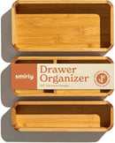 SMIRLY 3-Piece Bamboo Kitchen Drawer Organizer Set for Large and Small Utensils, Multi-use Storage Box - Bathroom, Nightstand, Jewelry, Cutlery, Knife, Spice, Towel, Junk Drawer Tray by CozyNest Decor