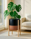 D'vine Dev Ceramic Planter with Natural Stand - 12 Inch Modern Round Flower Pot with Wood Planter Holder, Black/Speckled Tan, 55-B-J-7 by CozyNest Decor