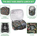 Bento Lunch Box Set With 10oz Soup Thermo, Leak-proof Lunch Containers with 4 Compartment, Kids Hot Thermo Food Jar/Insulation Lunch Bag, Food Containers for School (Black-Games) by TinyTreasures Baby Boutique