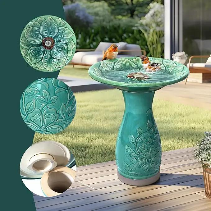 LuxenHome 23 Inch Ceramic Bird Bath for Outside, Elegant Tall Outdoor Bird Bath, Lightweight Pedestal Glazed Birdbaths for Outdoors with Floral Embossed Design, Jade Green, photo 3 of 7