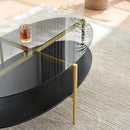 Oval Glass Coffee Table, Mid-Century Modern Design, L43 x W22 x H17 inch, Surfboard Shaped Grey Glass Top and Black Marble Finish Wood Shelf, Tapered Legs with Gold Finish Frame by CozyNest Decor