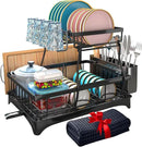 Godboat Dish Drying Rack, 2-Tier Dish Rack with Auto-Drain & Mat, Dish Racks for Kitchen Counter, Dish Drainer with Knife, Fork & Cup Rack, Gifts for Women, Mothers Day, Cool Stuff & Kitchen Gadgets by CozyNest Decor