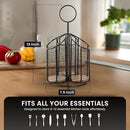 360° Rotating Kitchen Utensil Holder- 3 Compartment Organizer with Cork Bottoms | Includes Premium 9-Piece Acacia Wood Utensil Set | Professional & Home Luxury Design | Metal Utensil Crock (Black) by CozyNest Decor