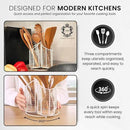 360° Rotating Kitchen Utensil Holder- 3 Compartment Organizer with Cork Bottom | Includes Premium 9-Piece Acacia Wood Utensil Set | Professional Luxury Design | Metal Utensil Crock (Matte white) by CozyNest Decor