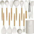 Silicone Cooking Utensils Set - 446°F Heat Resistant Silicone Kitchen Utensils for Cooking,Kitchen Utensil Spatula Set w Wooden Handles and Holder for Non-Stick Cookware, BPA FREE (Cream White) by CozyNest Decor