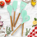 Zulay Kitchen Non-Stick Cooking Utensils Set with Authentic Acacia Wood Handles – 5-Piece Durable & Stylish Silicone Kitchen Utensils Set – Heat Resistant to 464°F – Aqua by CozyNest Decor