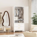 71'' Farmhouse Metal Wardrobe Cabinet with Hanging Rod, 2 Barn Door Wardrobe Closet with Adjustable Shelves,2 Drawer,for Dining Room,Bedroom,Living Room, Cloak Room,Office (White) by CozyNest Decor