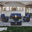 Outdoor Patio Furniture Set with Propane Fire Pit Table, 7 Pieces Wicker Patio Conversation Set with 2 Swivel Glider Rocker Chairs Rattan Sofa Blue Cushion Perfect for Casual Gathering by GreenHaven Gardens