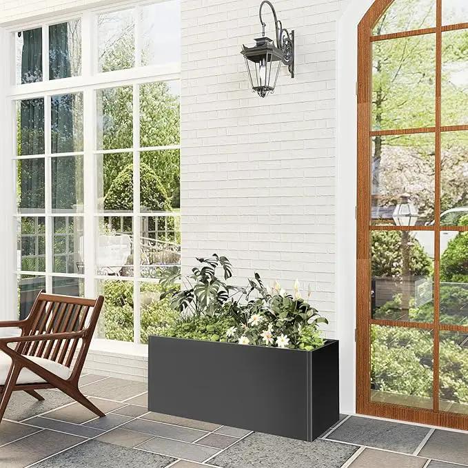 Long Metal Cube Planter for Outdoor Plants 15" W x 38" L x 16.25" H, Heavy Duty Steel Rectangular Planter Box with Removable Insert Shelf, Modern Décor for Outside, Indoor, Garden (Black), photo 5 of 6
