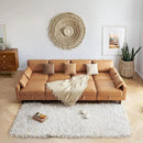128'' Sleeper Couch, Large Sofa Bed with Storage, Faux Leather 8 Seater Sofa, Mid Century Modern Couch Sofa for Living Room, Guest Room, House, Apartment, Office, Loft, Tan by CozyNest Decor