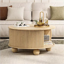 Round Coffee Table with Storage,Fluted Lift Up Coffee Table with Sliding Door,31.5" Drum Center Table with Bun Feet for Living Room,Home Small Space,Oak by CozyNest Decor